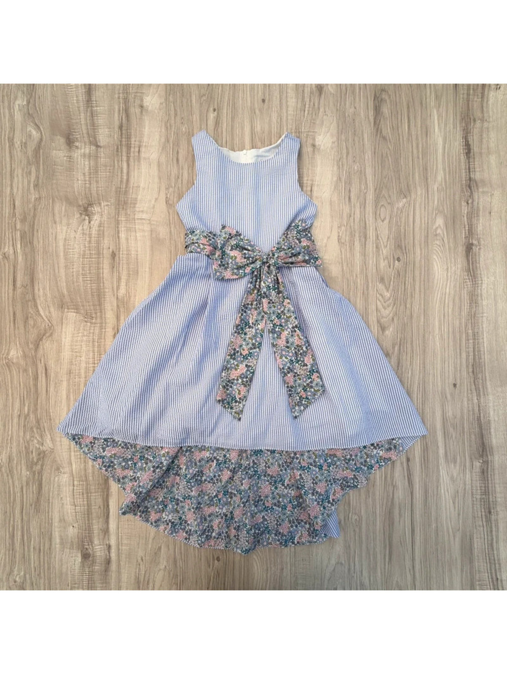 Rare Editions blue-and-white striped seersucker dress